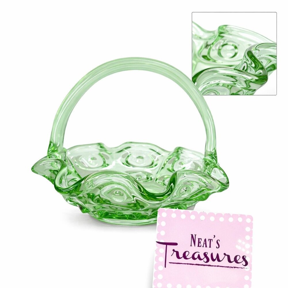 Hand Made SEA MIST GREEN Ruffled Circles Eye Handled Art Glass 7" Tall Basket